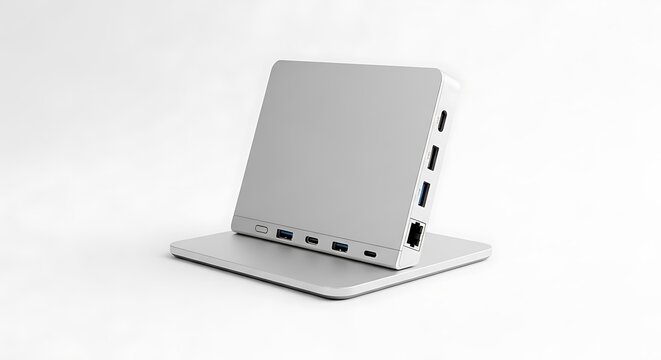 Modern silver computer hub with multiple ports on white background