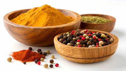 Wooden bowls filled with colorful spices isolated on white background turmeric powder, peppercorns, herbs, and paprika for cooking
