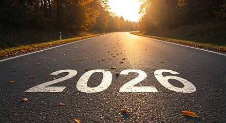 sunny road to 2026 with autumn leaves and warm golden sunlight, symbolizing hope, progress, and new beginnings.