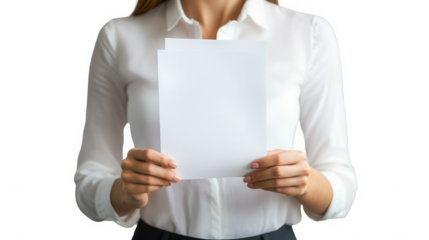 Woman in white shirt holding two blank sheets of paper in front of her body against black background on transparent background