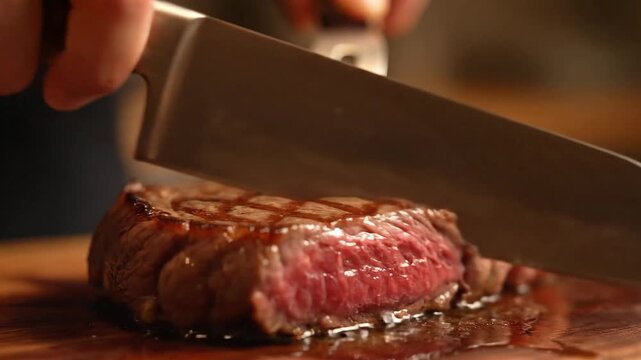 Juicy grilled steak being expertly sliced with a sharp knife, revealing tender, red interior and delicious char marks