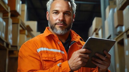 Worker in orange safety jacket using digital tablet in large warehouse surrounded by stacked cardboard boxes and industrial shelving