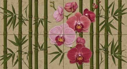 Elegant orchid arrangement with bamboo stalks on textured beige background