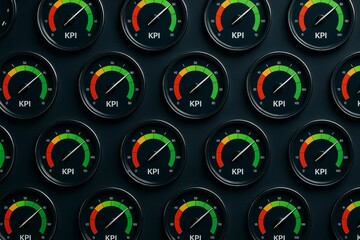 Multiple KPI performance gauges with colorful indicators arranged in a grid pattern on a dark background for business analytics concept. Ai generative