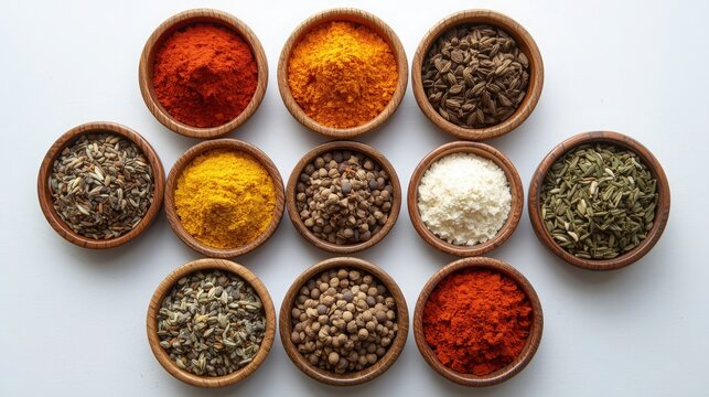 An overhead view of assorted spices in wooden bowls arranged on a white surface in a pattern