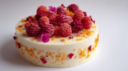 Exquisite Chocolate Mini Desserts Adorned with Fresh Berries, Edible Flowers, and Yellow Glaze on a White Platter