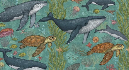 Underwater world of whales, turtles, and sea life