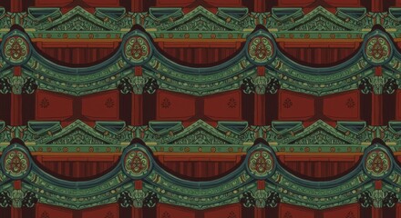 Intricate teal and red asian temple architectural detail seamless pattern