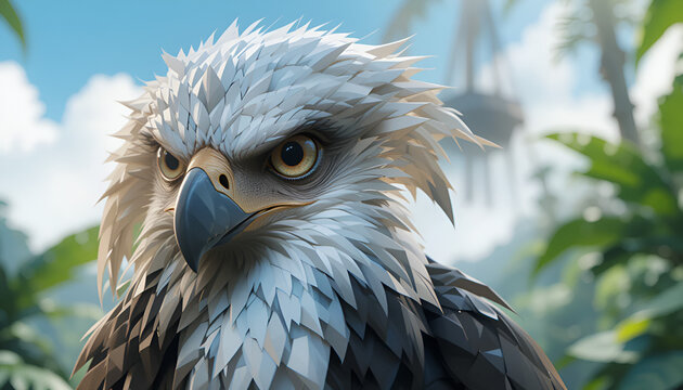 A majestic philippine eagle stares intently in a lush tropical environment