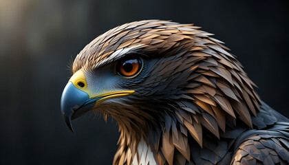 Fototapeta premium A golden eagle stares intently with a dark background and a sharp beak