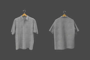 3D rendering of an oversized short sleeve polo shirt mockup for men. Realistic fabric texture, front and back view on hanger