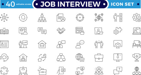 Job Interview outline icon set. Includes resume, candidate, interview, salary, contract, and employee symbols. Modern HR , hiring icons for business jobs, workforce.  Editable stroke outline icon. 