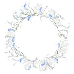 Delicate watercolor floral wreath with blue wild vetch and meadow flowers, perfect for logos, greeting cards, invitations, boho decor, stationery, and natural botanical design projects