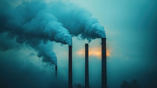 Four industrial smokestacks emitting thick smoke into a foggy blue sky with faint sunlight breaking through, creating a somber and polluted atmosphere