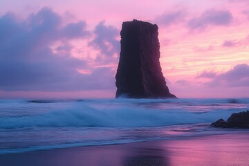 Solitary tall rock formation standing in the ocean with waves crashing around it during a vibrant pink and purple sunset sky