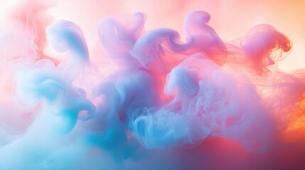 Abstract swirling clouds of blue and pink mist blending together creating a soft dreamy atmosphere with smooth flowing shapes and light gradients