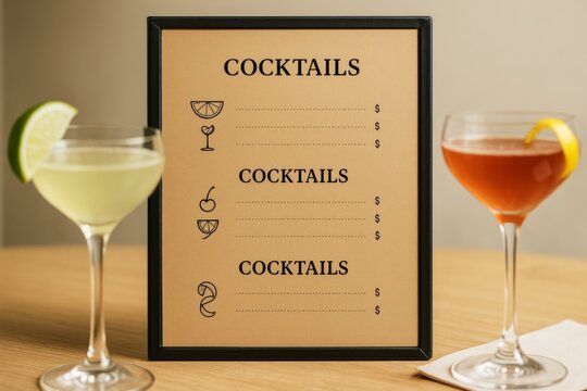 Cocktail menu display with two stylish drinks in elegant glasses beside a beige framed sign on a wooden table in warm light background. Ai generative - Powered by Adobe