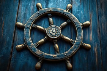 Obraz premium Close-up of an antique wooden ship's steering wheel mounted on a textured dark wooden background, evoking a sense of maritime adventure and nostalgia