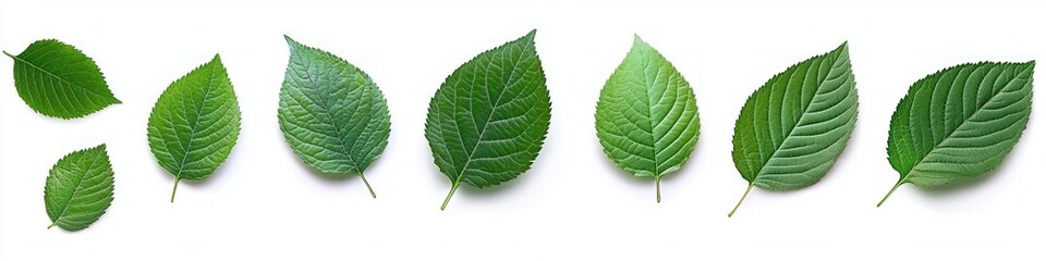 Obraz premium Seven green leaves of varying sizes and shapes arranged in a row on a white background, showcasing natural textures and vein patterns with a fresh and calm mood