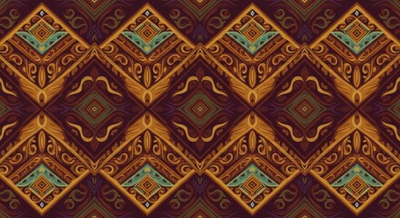 Ornate diamond pattern with teal accents and swirling gold details on a maroon background