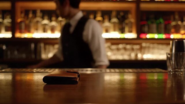 Customer pays bartender at a dimly lit upscale bar with bottles of liquor in the background