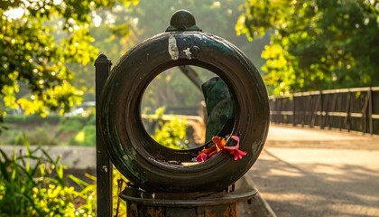 A tire sculpture frame with blurred nature, sunlight, and green foliage