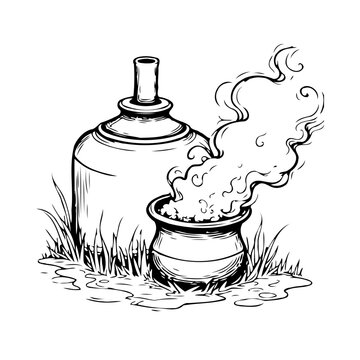 Hand drawn mystical elixir illustration with bubbling cauldron and glass bottle on grass design