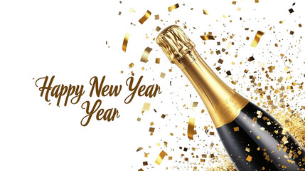 Golden champagne bottle with confetti for a happy new year celebration event on transparent background