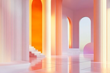Fototapeta premium A serene, minimalist interior space, highlighted by warm, vibrant colors and architectural details, creates a tranquil and inviting atmosphere.