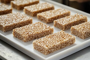 Close-up view of rectangular sesame seed bars arranged neatly on a white tray with a glossy finish suggesting a sweet and crunchy texture