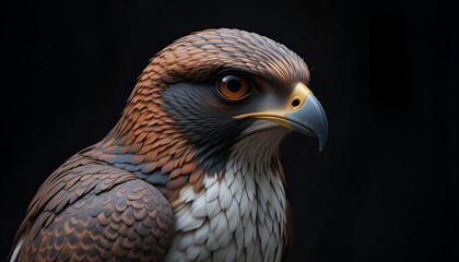 Obraz premium Dramatic portrait of a falcon with intense gaze against a dark background