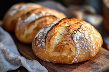 Close-up of freshly baked crusty round loaves of bread with golden brown crust and flour dusting placed on a wooden surface