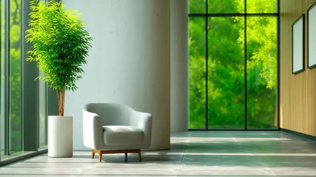 Inviting modern interior with natural light, greenery and a cozy chair for relaxation and inspiration