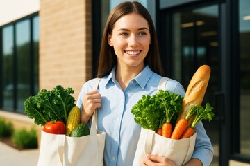 Woman smiling while holding reusable bags full of fresh vegetables and bread outdoors, in natural light, eco-friendly shopping lifestyle concept. Ai generative