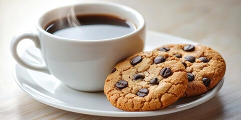 Steaming cup of black coffee with two chocolate chip cookies on a white saucer showing a warm and inviting snack moment