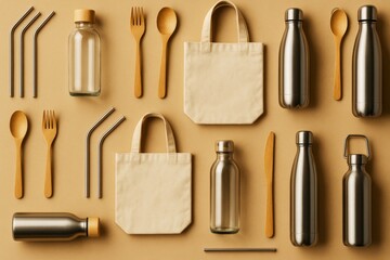 Reusable eco-friendly utensils, bottles, straws, and tote bags arranged creatively on a light brown background for sustainable living concept. Ai generative