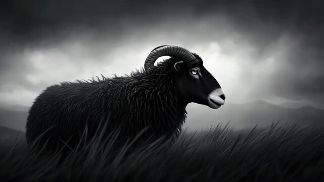 A lone ram facing stormy weather.