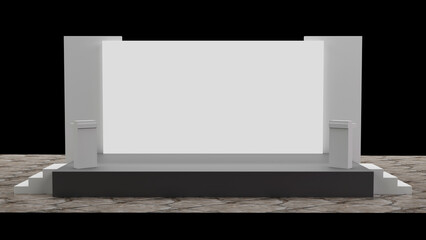 3D rendering of big blank screen backdrop and podium on stage with stairway for speaker and conference event