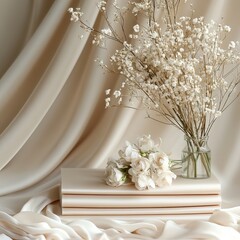 Elegant still life featuring delicate white flowers in a vase beside a stack of cream colored decorative objects with soft fabric drapes