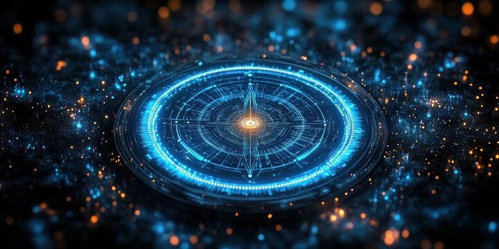 Futuristic glowing blue digital compass interface with intricate circular design and orange central light surrounded by floating particles in dark space