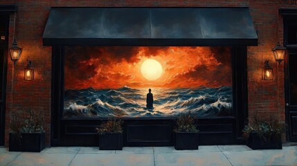 A solitary figure standing in turbulent ocean waves under a glowing orange-red sky with a large bright sun, framed by a dark urban storefront with brick walls and lanterns
