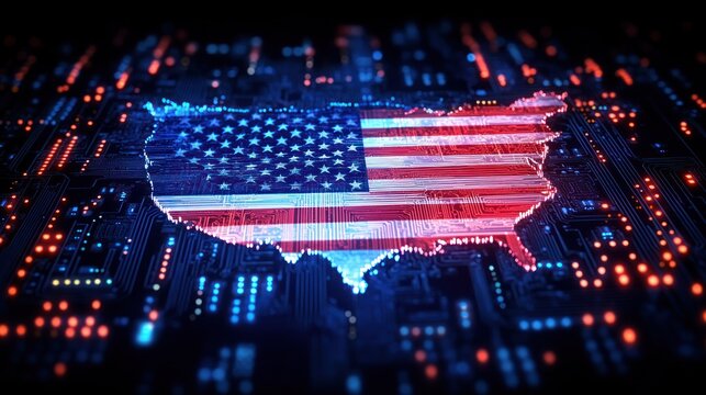 Digital circuit board featuring the map outline of the United States filled with the American flag pattern illuminated with blue and red lights, symbolizing technology and national identity