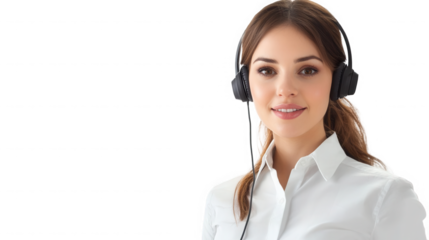 Portrait of a woman with headset wearing a white shirt against  looking at the camera on transparent background