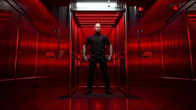 A massive Eastern European male bouncer with tattoos stands confidently at a steel door. The room is dimly lit with red lights creating a dramatic atmosphere as he maintains security