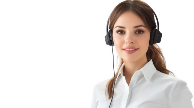 Portrait of a woman with headset wearing a white shirt against  looking at the camera on transparent background