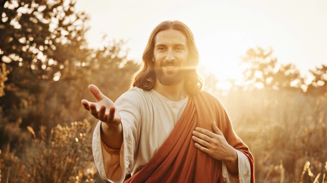 A beautiful Jesus Christ extends his hand and smiles warmly, sacred, virtue