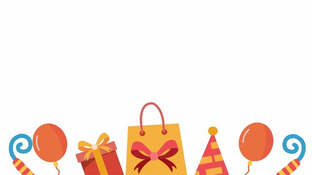 White background with party hats presents and celebration icons border