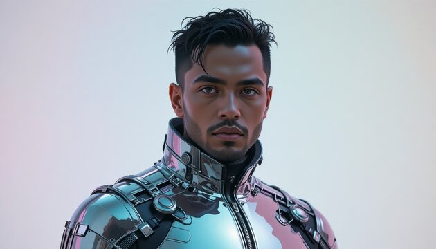 Close up portrait of a handsome man in futuristic armor suit looking ahead - Powered by Adobe