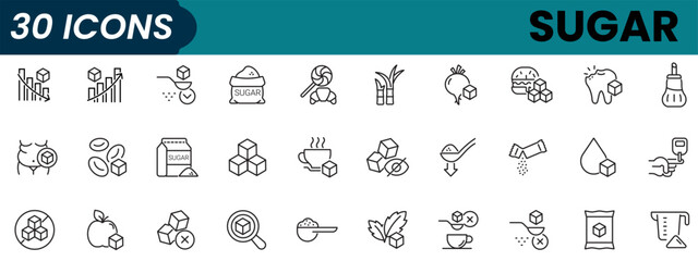 Sugar line Editable Icons set. Vector illustration in modern thin line style of glucose, stevia, sweets, and more.