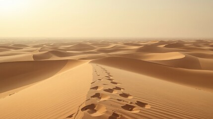 A vast expanse of sand dunes stretching to the horizon under a hazy sky with footprints in the sand